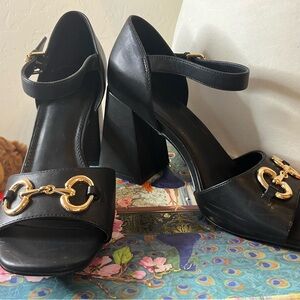 Black Women's Block Heel Sandals with Gold Accent